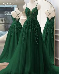Spaghetti Strap Green Prom Dresses Lace Applique A Line Elegant Prom Gown Pageant Dresses For Women