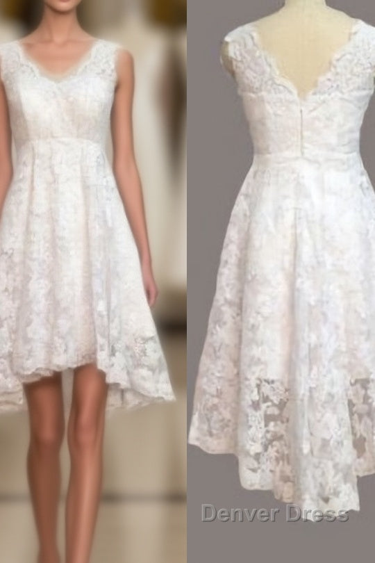 Vintage Ivory Lace Front Short Long Back Beach V Neck High Low Short Outside Cheap Wedding Dresses