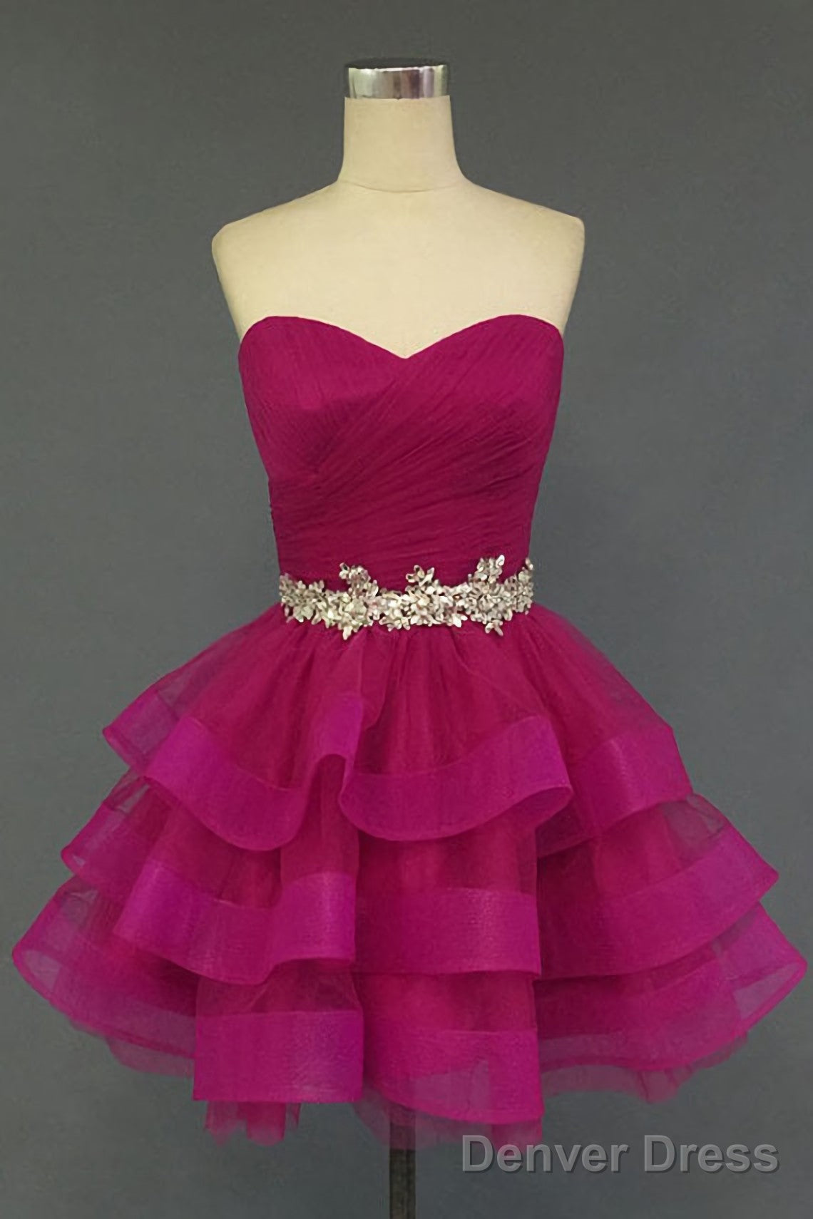 Hot Pink Organza Sweetheart Neckline Short Beadings Belt Tiered Rose Red Layers Prom Dresses