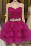 Hot Pink Organza Sweetheart Neckline Short Beadings Belt Tiered Rose Red Layers Prom Dresses