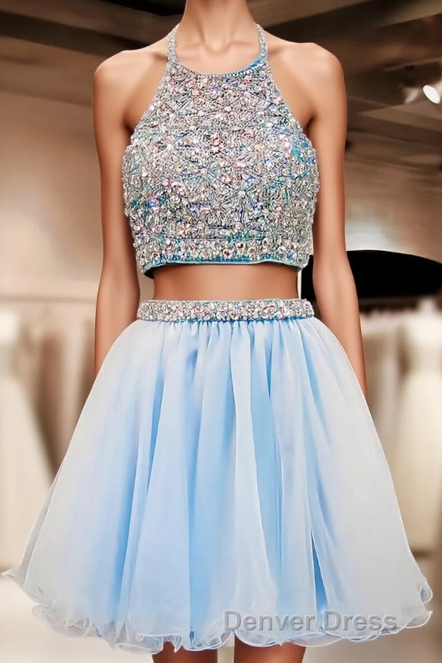 Two Pieces Light Blue Short High Neck Open Back Rhinestones Mid Section Sky Blue Prom Dresses Main image