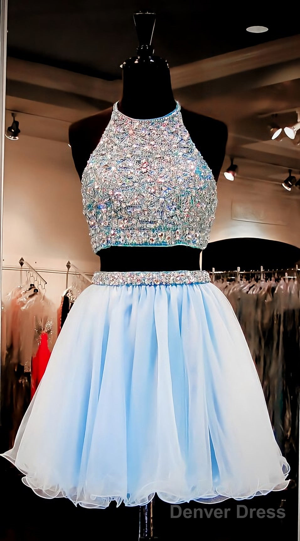 Two Pieces Light Blue Short High Neck Open Back Rhinestones Mid Section Sky Blue Prom Dresses Main image