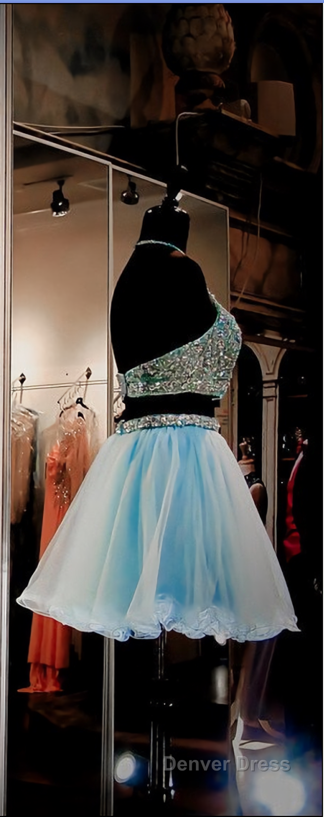 Two Pieces Light Blue Short High Neck Open Back Rhinestones Mid Section Sky Blue Prom Dresses Secondary image