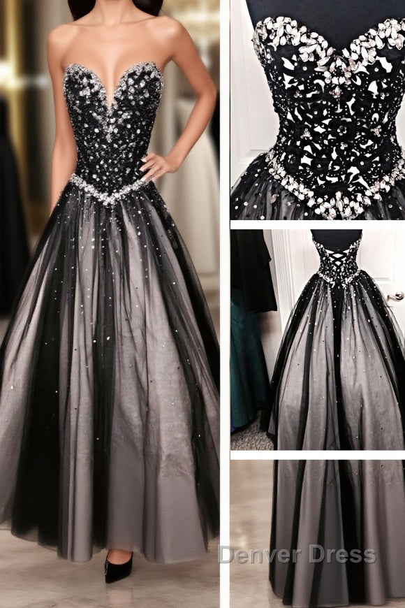 Black White Tulle Long Sweetheart Beaded Bodice For Teens Juniors Prom Dresses Main image