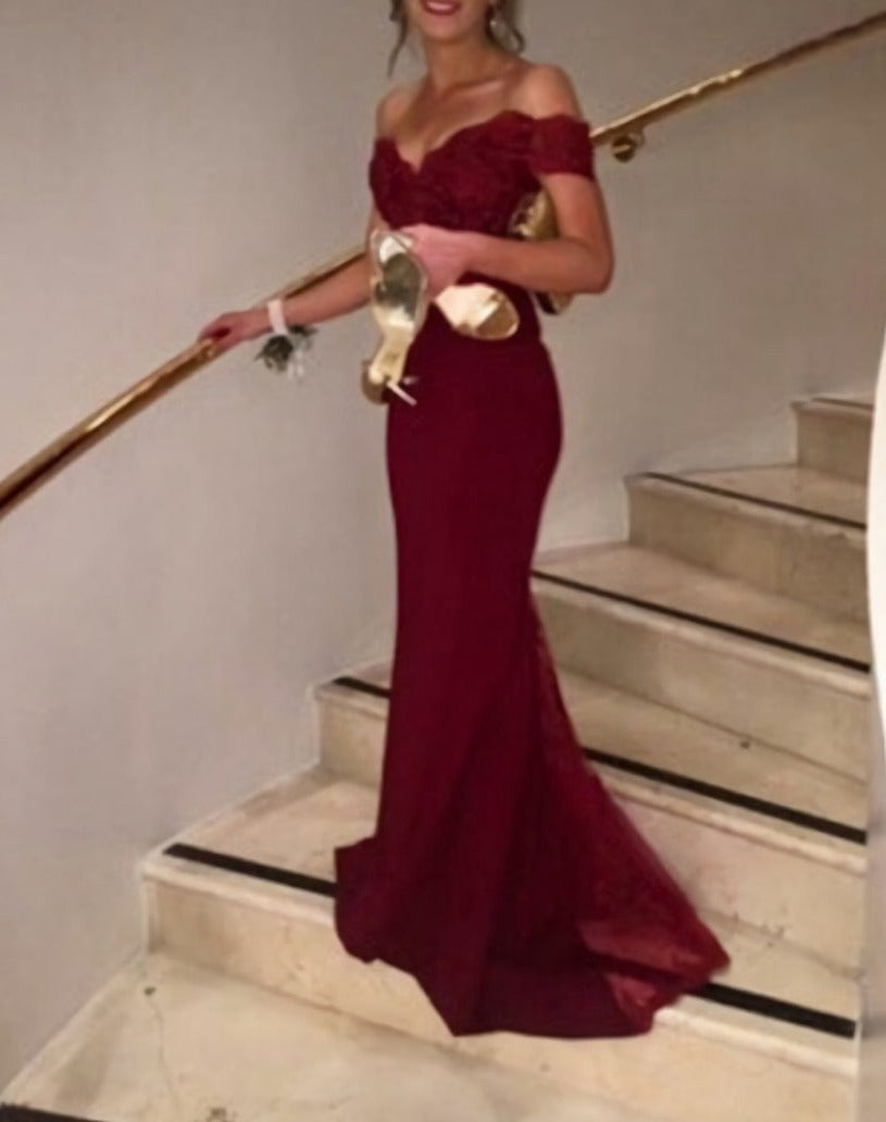Burgundy Drop Sleeves Mermaid V Back Open Back Lace Wine Red Sexy Prom Dresses Main image