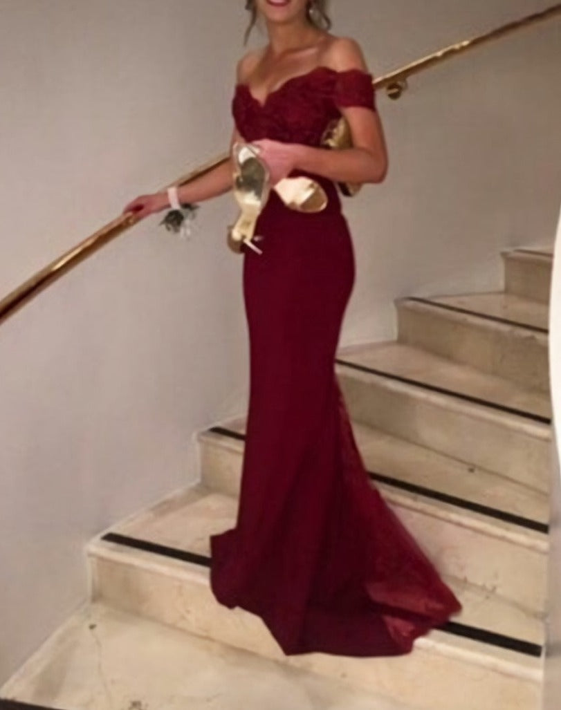 Burgundy Drop Sleeves Mermaid V Back Open Back Lace Wine Red Sexy Prom Dresses Secondary image