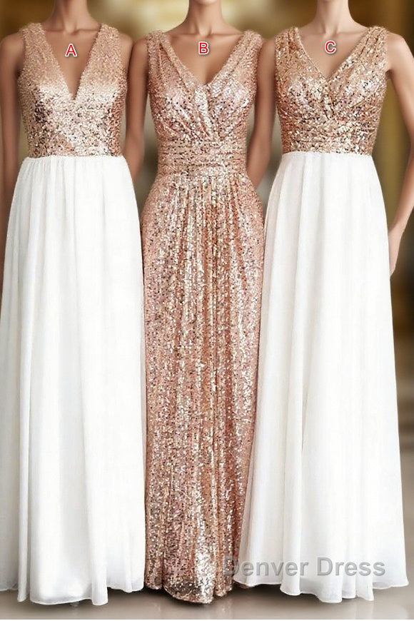 Rose Gold Sequin White Chiffon V Neck Sexy Long Elegant Simple Prom Dresses Main image