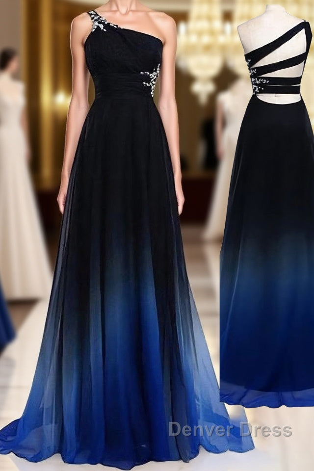 One Shoulder Navy Blue Royal Blue Ombre Gradient Color Chiffon Long Ombre For Sweet 16 Prom Dresses Main image
