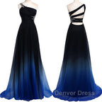 One Shoulder Navy Blue Royal Blue Ombre Gradient Color Chiffon Long Ombre For Sweet 16 Prom Dresses