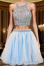 2024 Beautiful Short Two Pieces Light Sky Blue Halter Open Back For Teens Prom Dresses