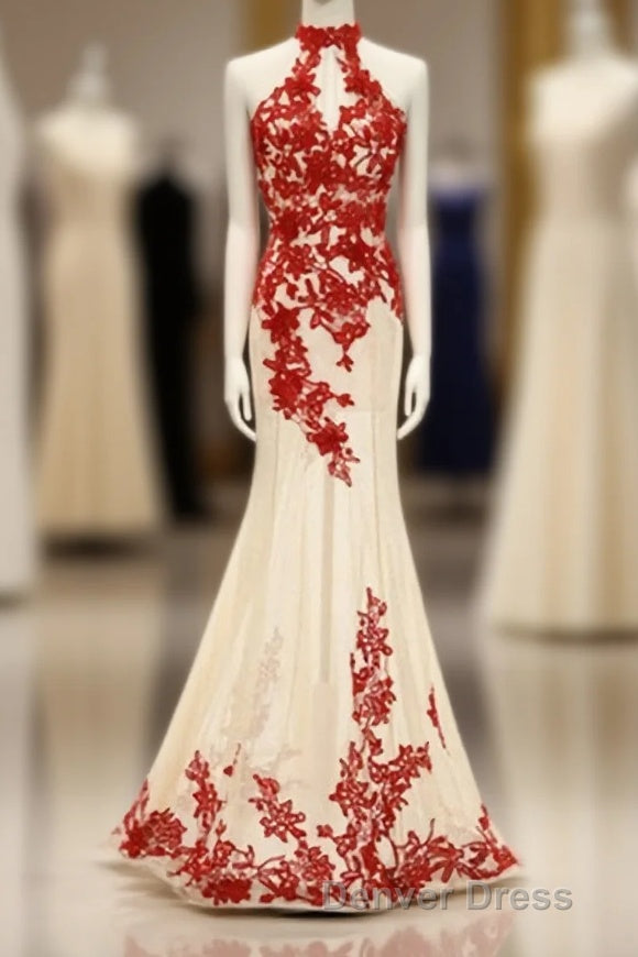 Charming Red Lace And Champagne Tulle Halter Elegant Sparkly Prom Dresses Main image