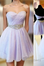 Charming Empire Waist Lavender Sweetheart Backless Short Fashion Beaded Belt Short For Sweet 16 Mini Length Skirt Prom Dresses