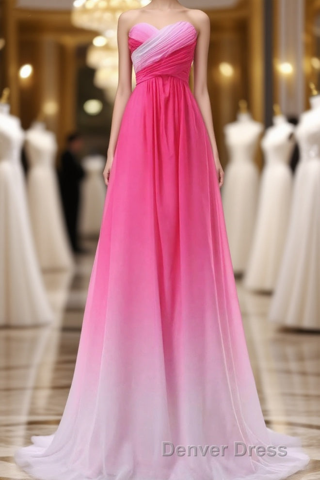 Pretty Pink Sweetheart Long Gradient Chiffon Elegant Prom Dresses