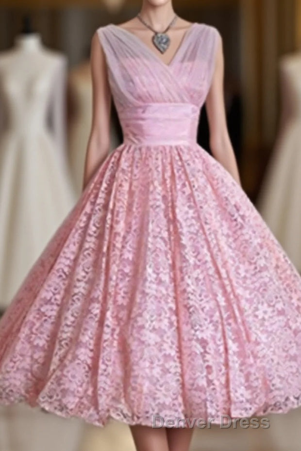 V Neck Lace High Low A Line Vintage Cheap Cute Short Prom Dresses Main image