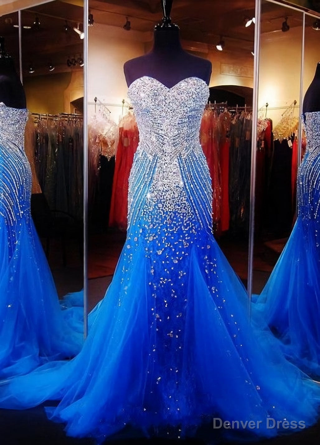 Royal Blue Prom Dress, Royal Blue Prom Dress, Silver Beaded Prom Gowns Mermaid Beadings Prom Dresses, Prom Gown Tulle Prom Gowns For Senior Teens