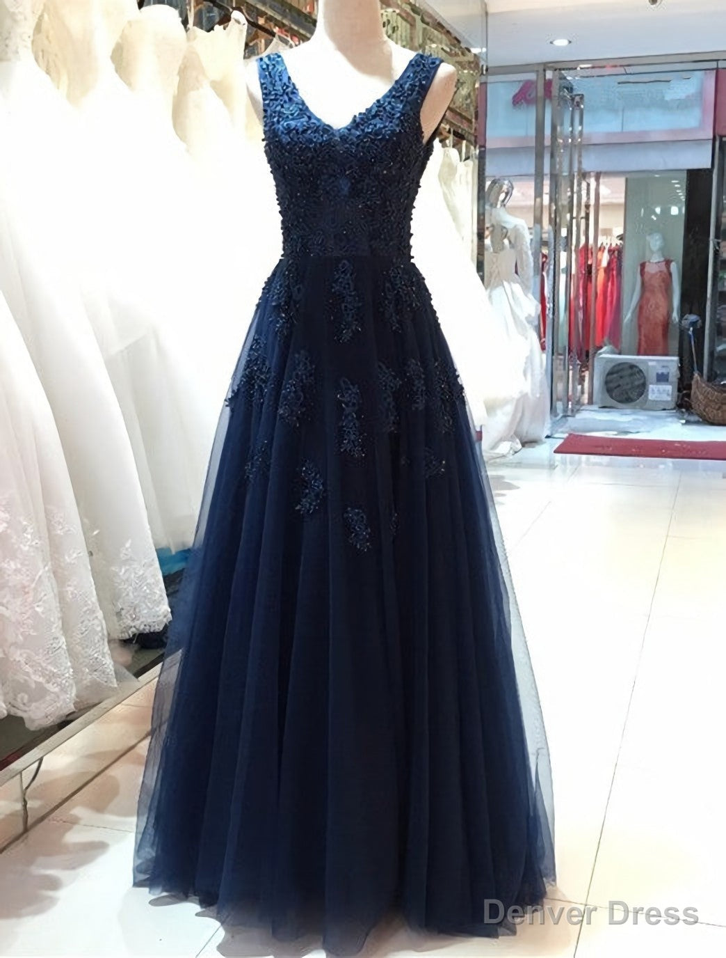 Elegant Navy Blue Tulle Backless Floor Length Prom Dresses, Party Gowns Evening Dresses, Navy Blue Formal Dresses Main image