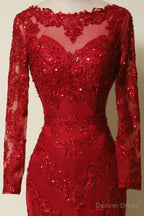 Elegant Long Sleeves Red Lace Mermaid Prom Dress, 2026 Prom Dress, 2026