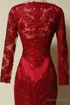 Elegant Long Sleeves Red Lace Mermaid Prom Dress, 2026 Prom Dress, 2026