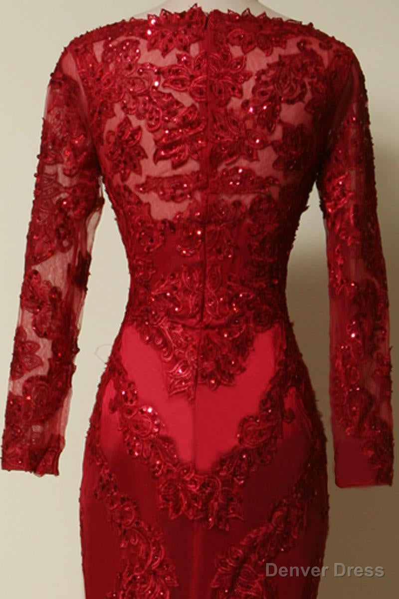 Elegant Long Sleeves Red Lace Mermaid Prom Dress, 2026 Prom Dress, 2026