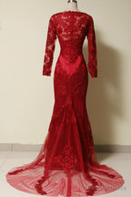 Elegant Long Sleeves Red Lace Mermaid Prom Dress, 2026 Prom Dress, 2026