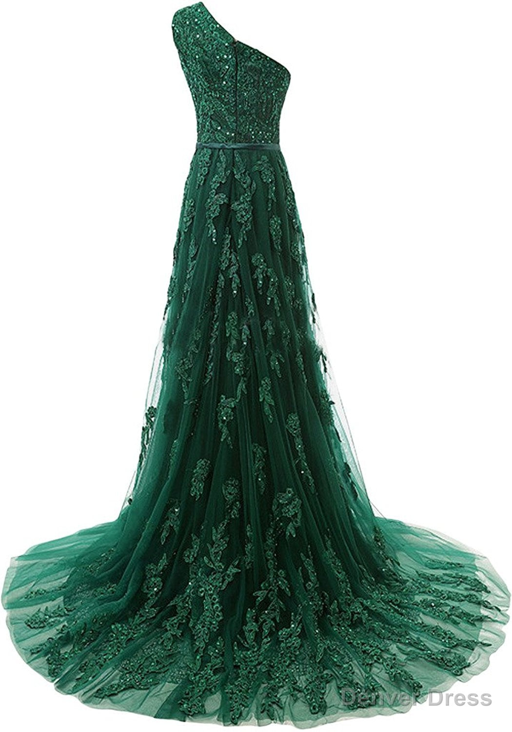Forest Green Lace Appliques Tulle Floor Length Prom Dress, Featuring One Shoulder Bodice With Bow Accent Belt Secondary image