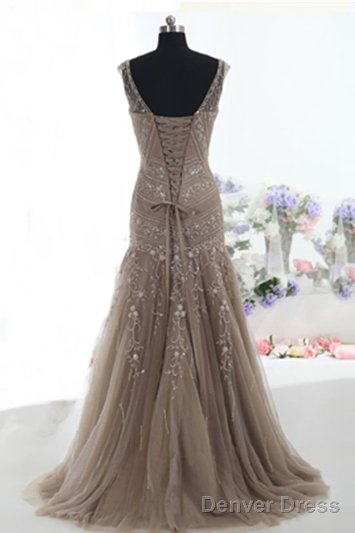 Mermaid Lace Up Brown Tulle Modest Beading V Neck Prom Dresses Secondary image