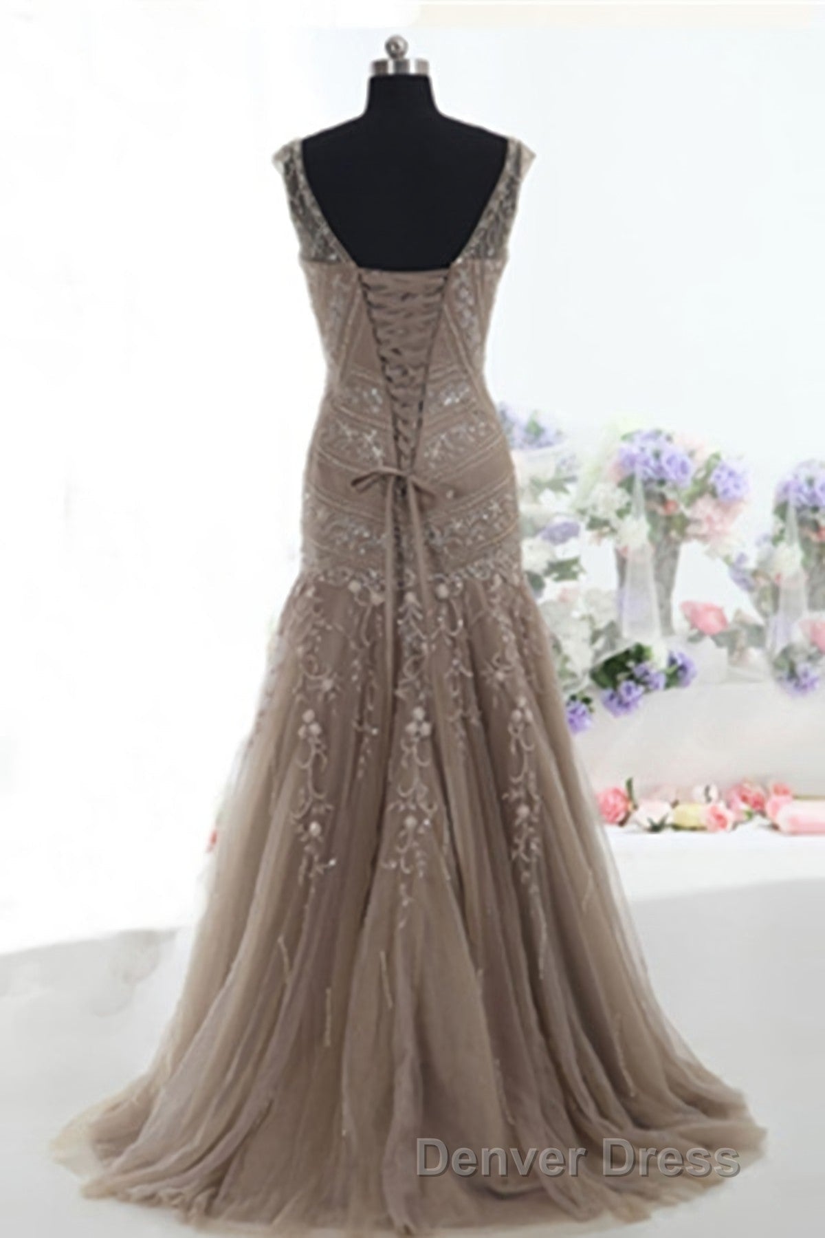 Mermaid Lace Up Brown Tulle Modest Beading V Neck Prom Dresses