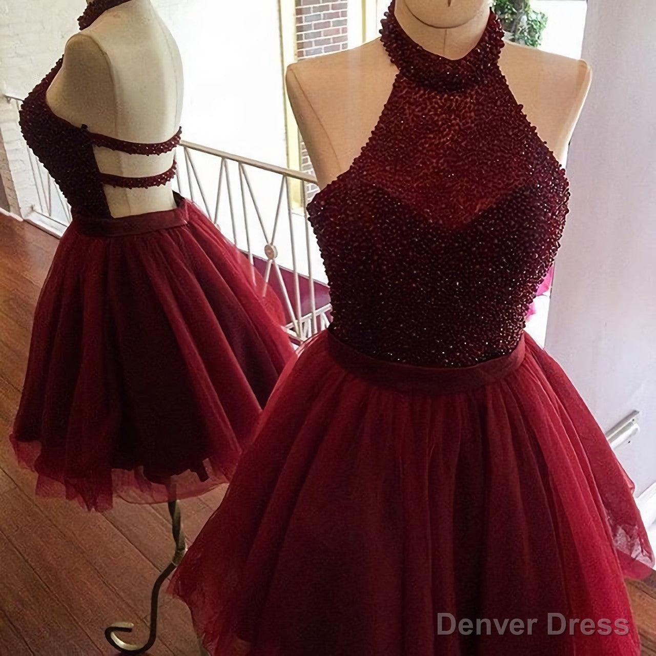 burgundy short halter sparkly semi beaded Homecoming Dresses Main image
