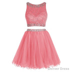 Bateau Neck Illusion Pink Short Crystal Beaded Two Piece Sequined Crop Top Tulle Mini Prom Dresses