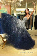 A Line Navy Blue Beading Tulle Prom Dresses