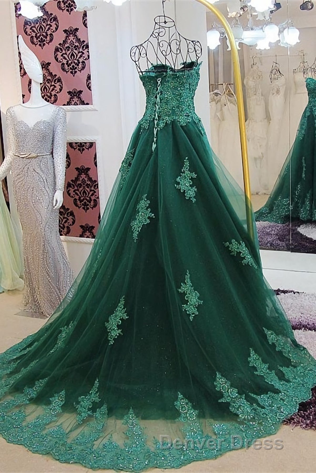 Sweetheart Long Lace Green Sweep Train Lace Up Prom Dresses Secondary image
