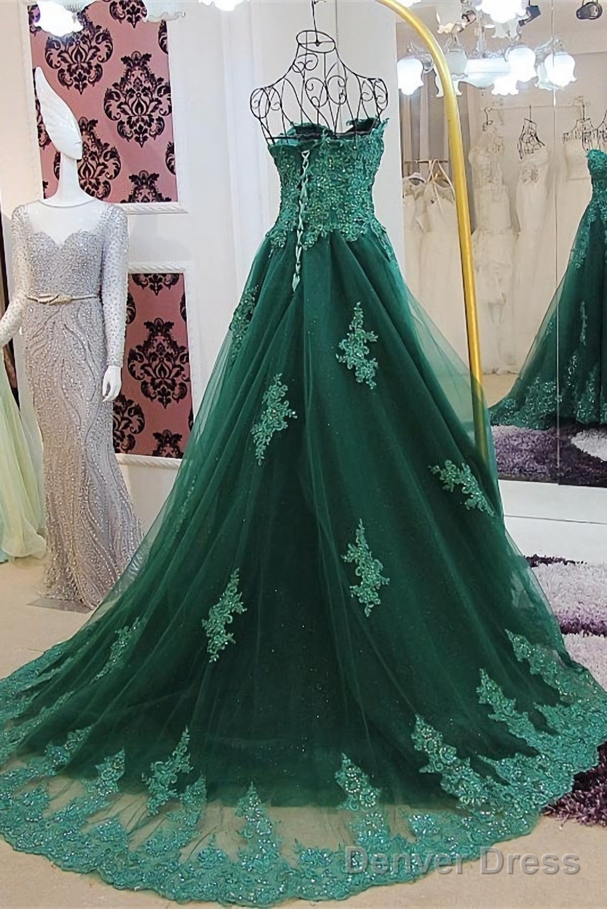 Sweetheart Long Lace Green Sweep Train Lace Up Prom Dresses Secondary image