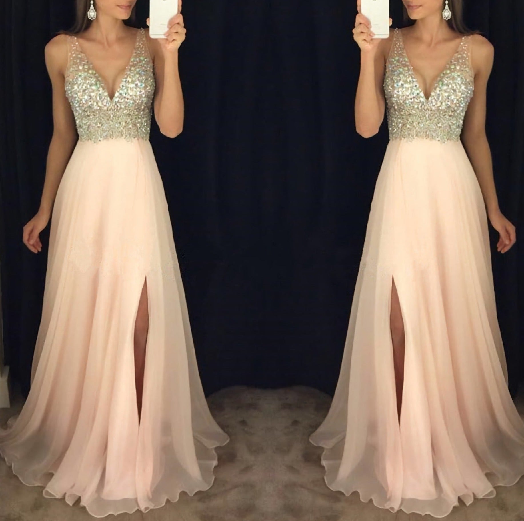 A Line Beading V Neck Sexy Girls Prom Dresses Main image