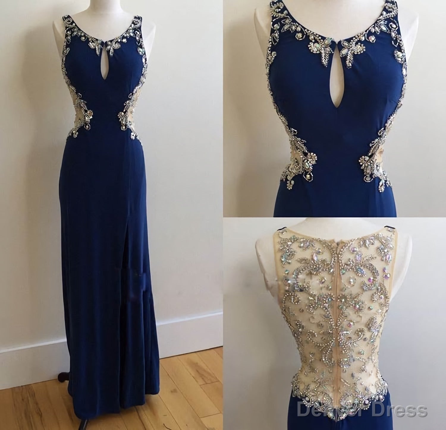 Long Dark Blue Chiffon Beaded Crystals Prom Dresses, See Through Back Mermaid Formal Gowns Sexy Party Evening Dresses Secondary image