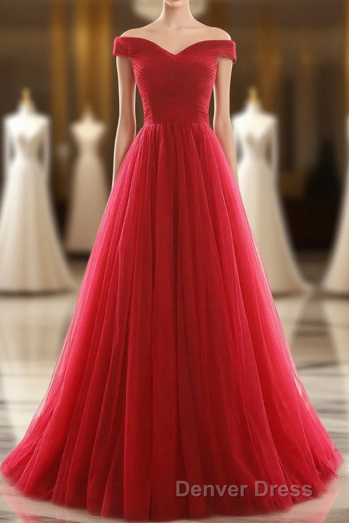 Off The Shoulder Red A Line Pleated Long Red Prom Dresses