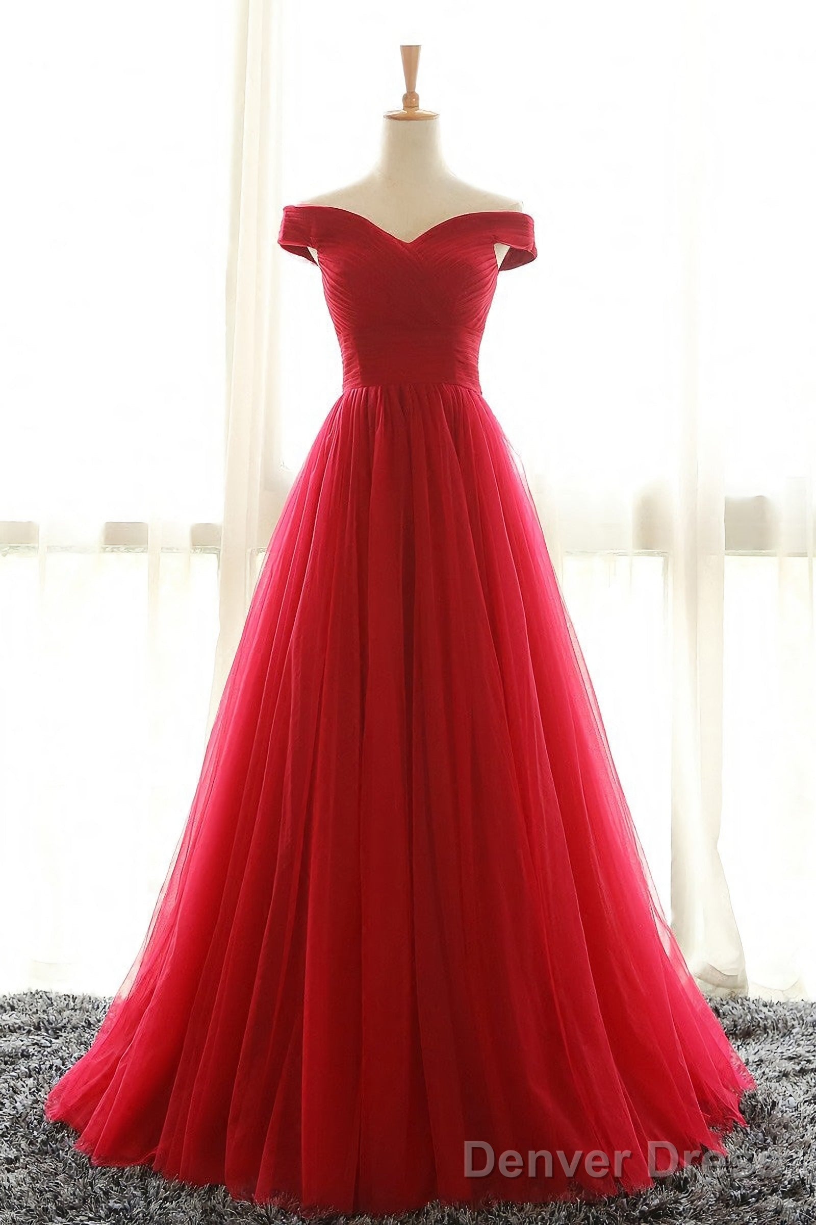 Off The Shoulder Red A Line Pleated Long Red Prom Dresses Main image