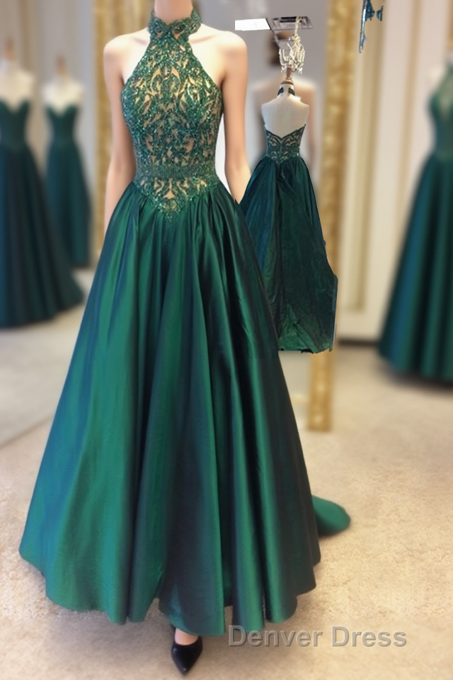 Green Halter Beading Lace A Line For Teens Elegant Backless Fashion 2024 Women Prom Dresses Main image