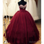 Puffy Burgundy Qinceanera Beaded Top Corest Lace-Up Back Floor Length Princess Vestidos De Debutante Prom Dresses