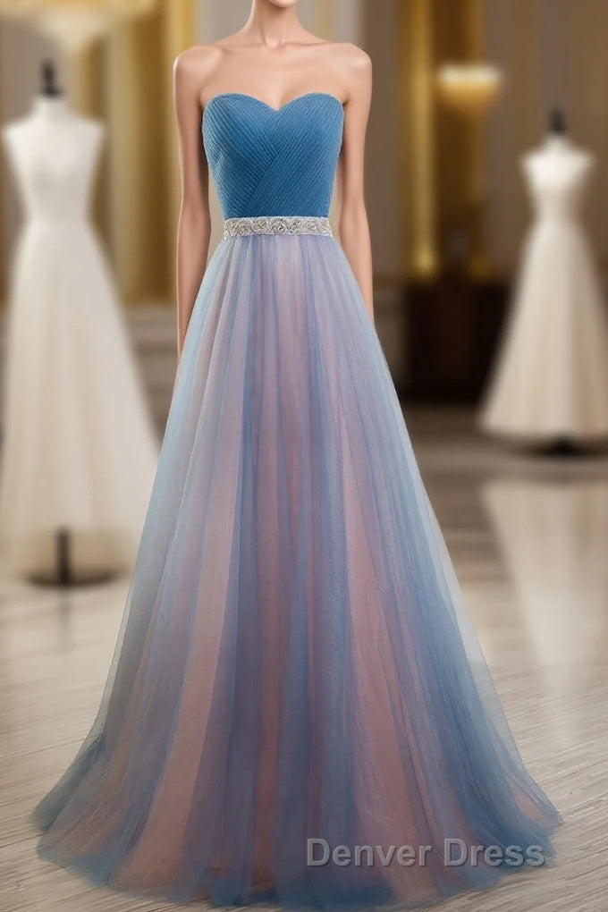 Sweetheart Blue Peach Tulle Strapless Long Pleated Sexy A Line With Beads Sashes Prom Dresses