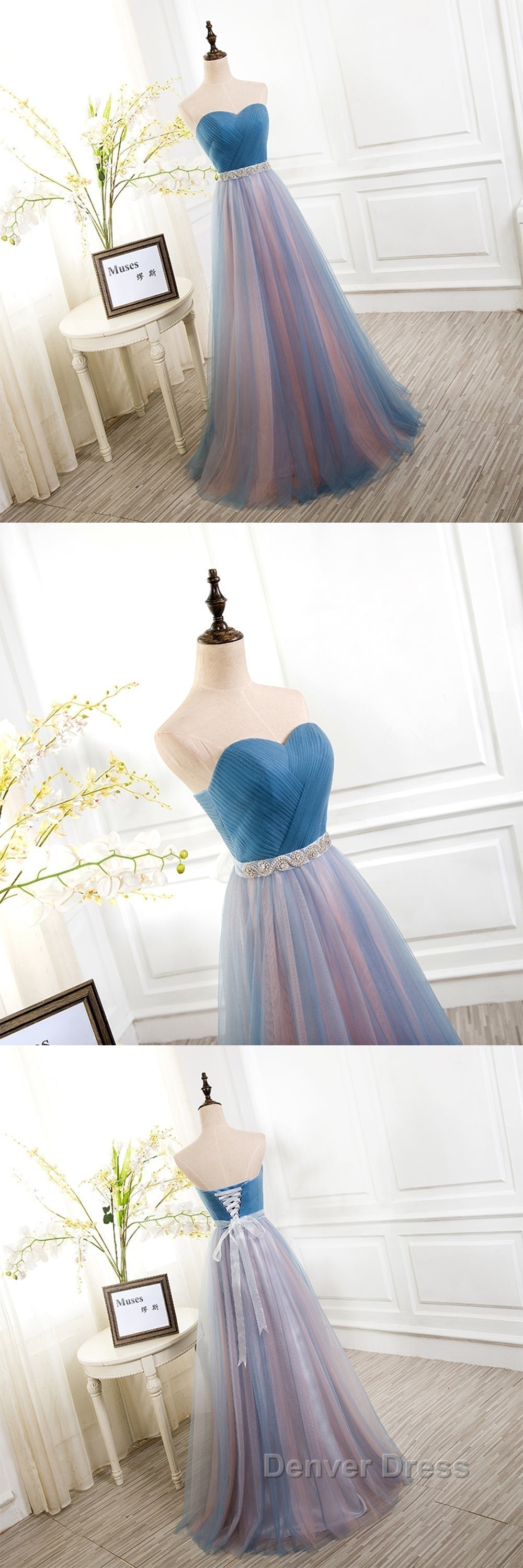 Sweetheart Blue Peach Tulle Strapless Long Pleated Sexy A Line With Beads Sashes Prom Dresses Secondary image
