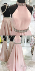 Pink Backless Halter Simple Handmade Plus Size Elegant Prom Dresses