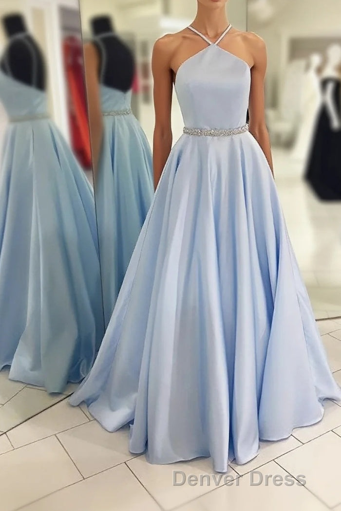 Backless Beading Spaghetti Straps A Line Light Blue Long Prom Dresses