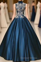 Blue Dreses Satins Lace Applique A Line Long Prom Dresses