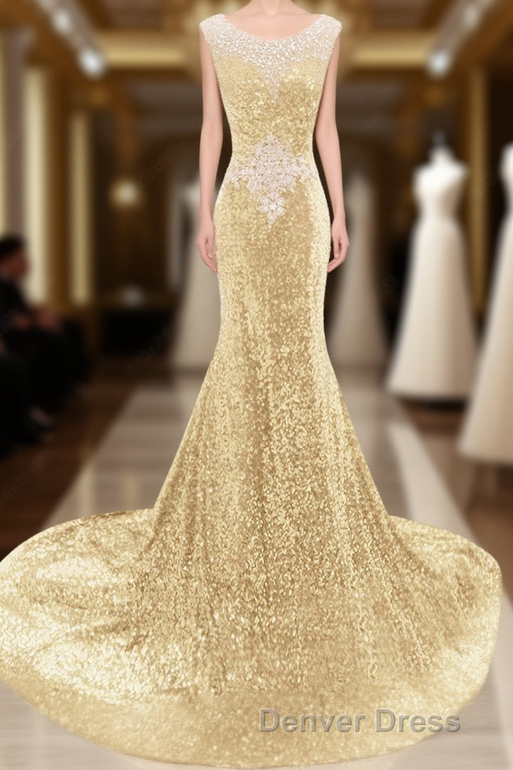 Sequins Court Train Crystal Detailing Trumpet Mermaid Sexy Beading Prom Dresses