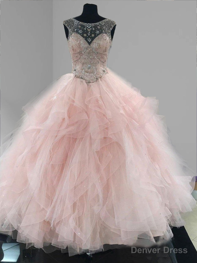 Prom Ball Gown See Through Neck Tulle Light Pink Quinceanera Dresses Main image