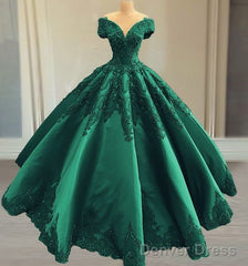 Prom Dresses Elegant Green Satin Ball Gown Wedding Dress Lace Embroidery Beaded Off The Shoulder For Bridal Party