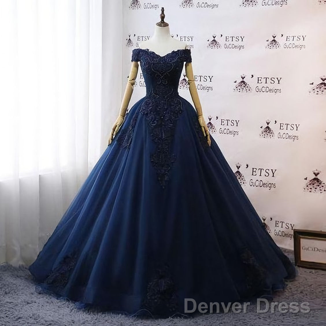 Prom Dress, Navy Blue Wedding Dress, Floral Lace Ball Gowns Off Shoulder Prom Dresses Main image