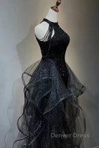 Prom Dress Sparkle & Shine Dresses Wedding Promsleeveless Halter Wednesday Addams Family Sequined With Crystals Sequin Ruffles