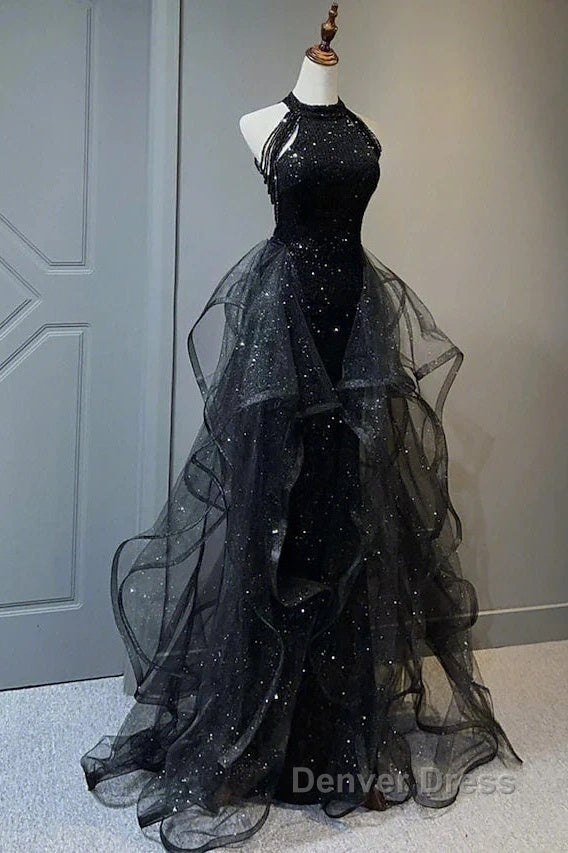 Prom Dresses Sparkle & Shine Dresses Wedding Partysleeveless Halter Wednesday Addams Family Sequined With Crystals Sequin Ruffles