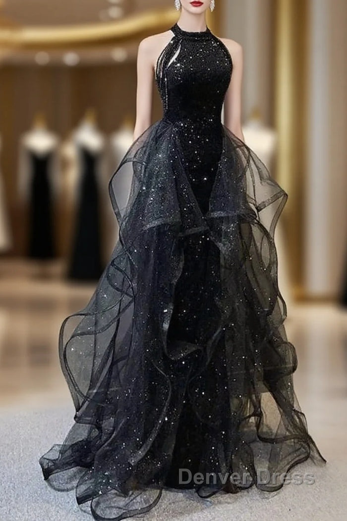 Prom Dresses Sparkle & Shine Dresses Wedding Partysleeveless Halter Wednesday Addams Family Sequined With Crystals Sequin Ruffles